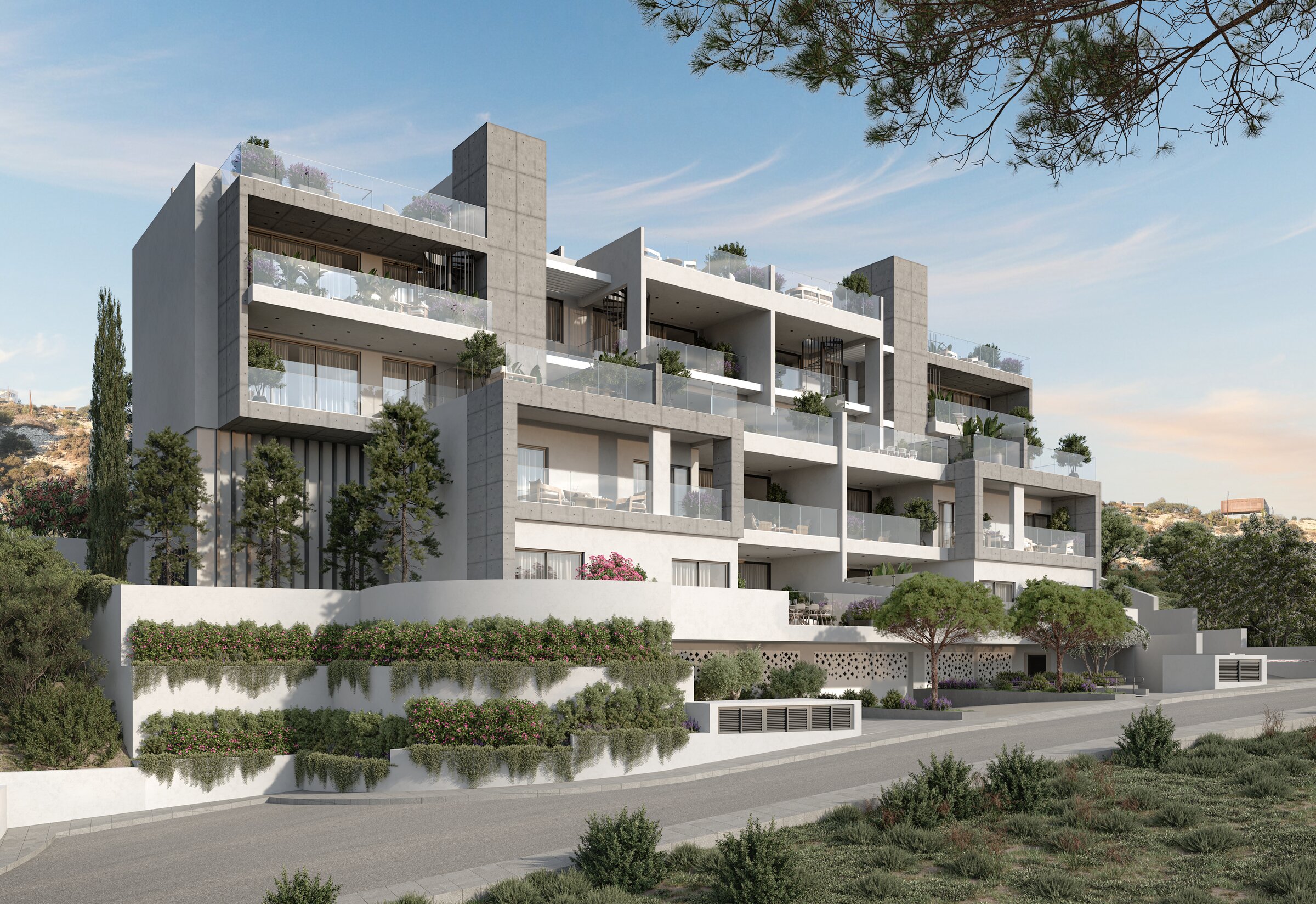 Alto Mare in daylight — the residential facade above Agios Tychonas with the Limassol coastline beyond.