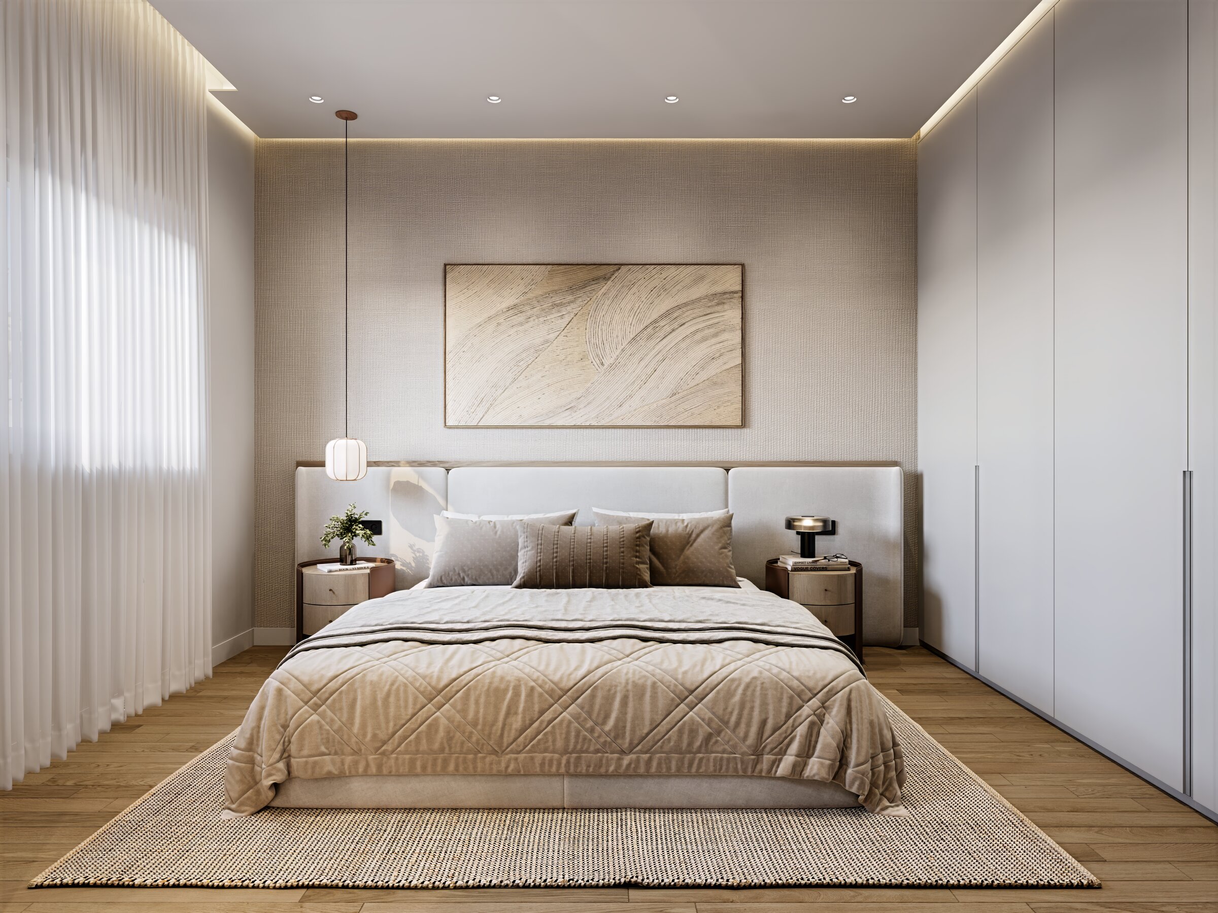 Principal bedroom with warm neutral tones and a private sea-facing balcony.