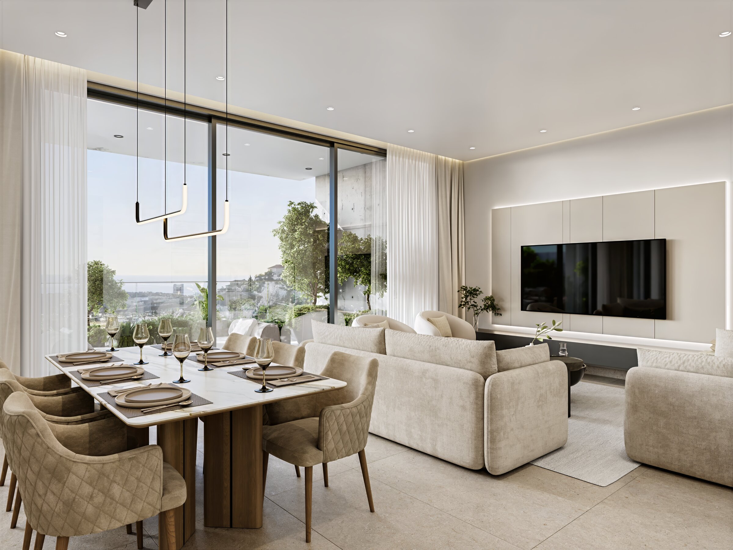 Open-plan living room at Alto Mare with floor-to-ceiling glazing framing the sea.