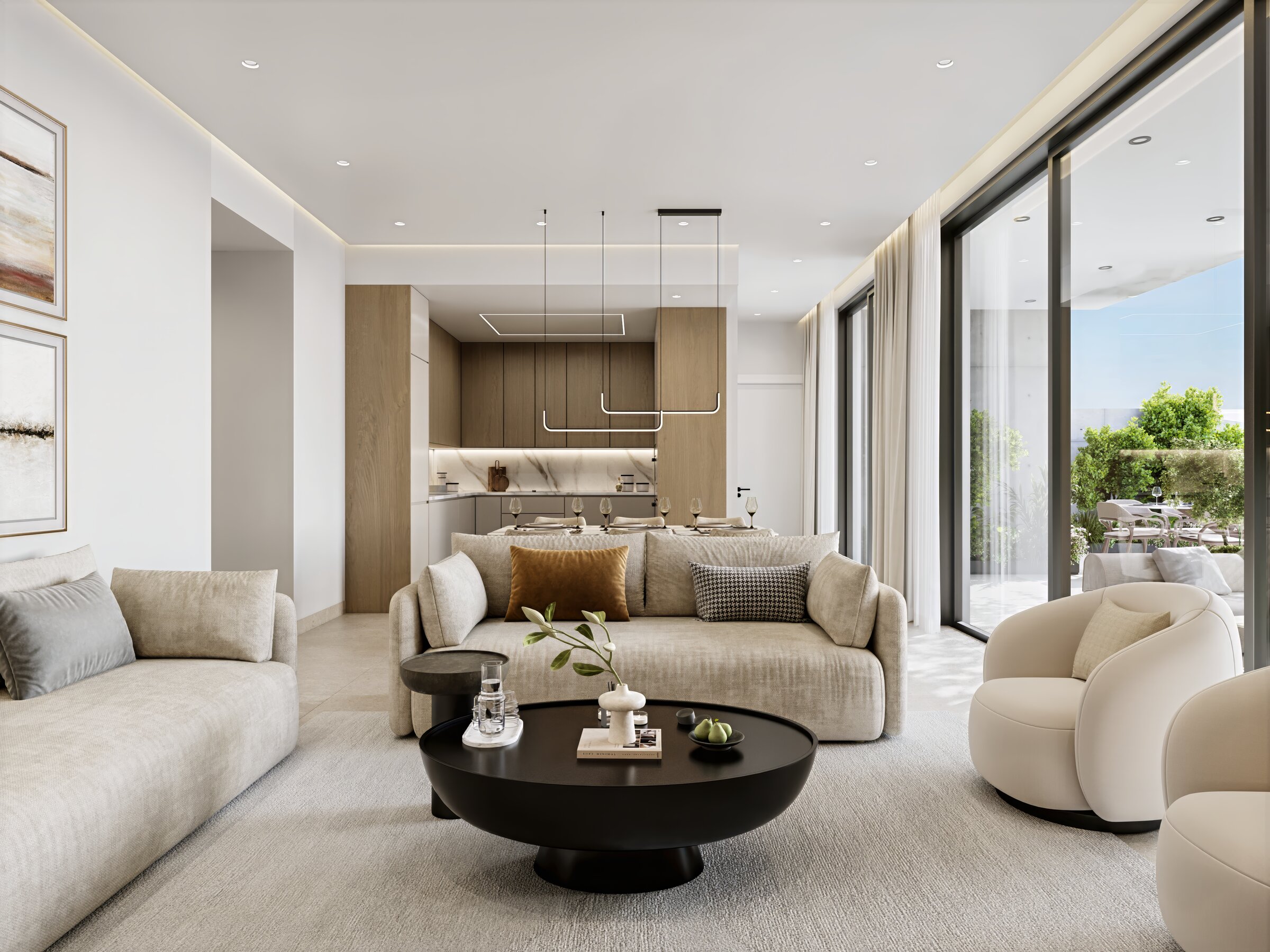 A serene Alto Mare living space opening onto a sea-facing terrace, finished in warm natural materials.