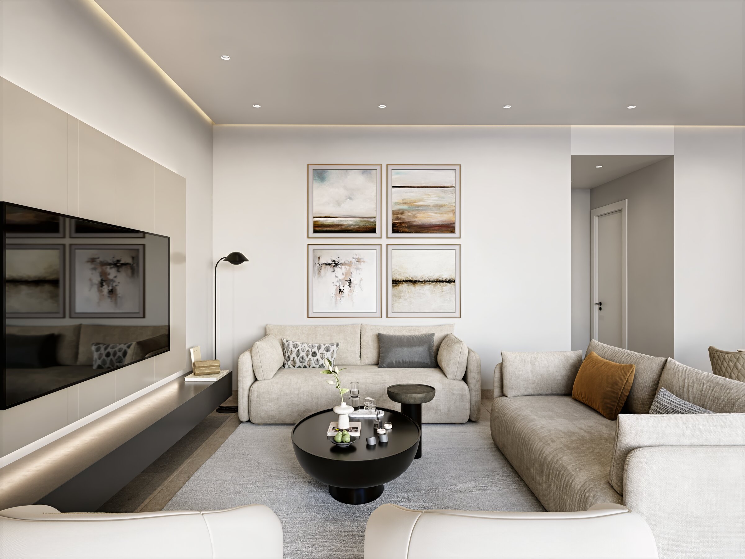 Living space opening to a sea-view terrace through full-height glazing.