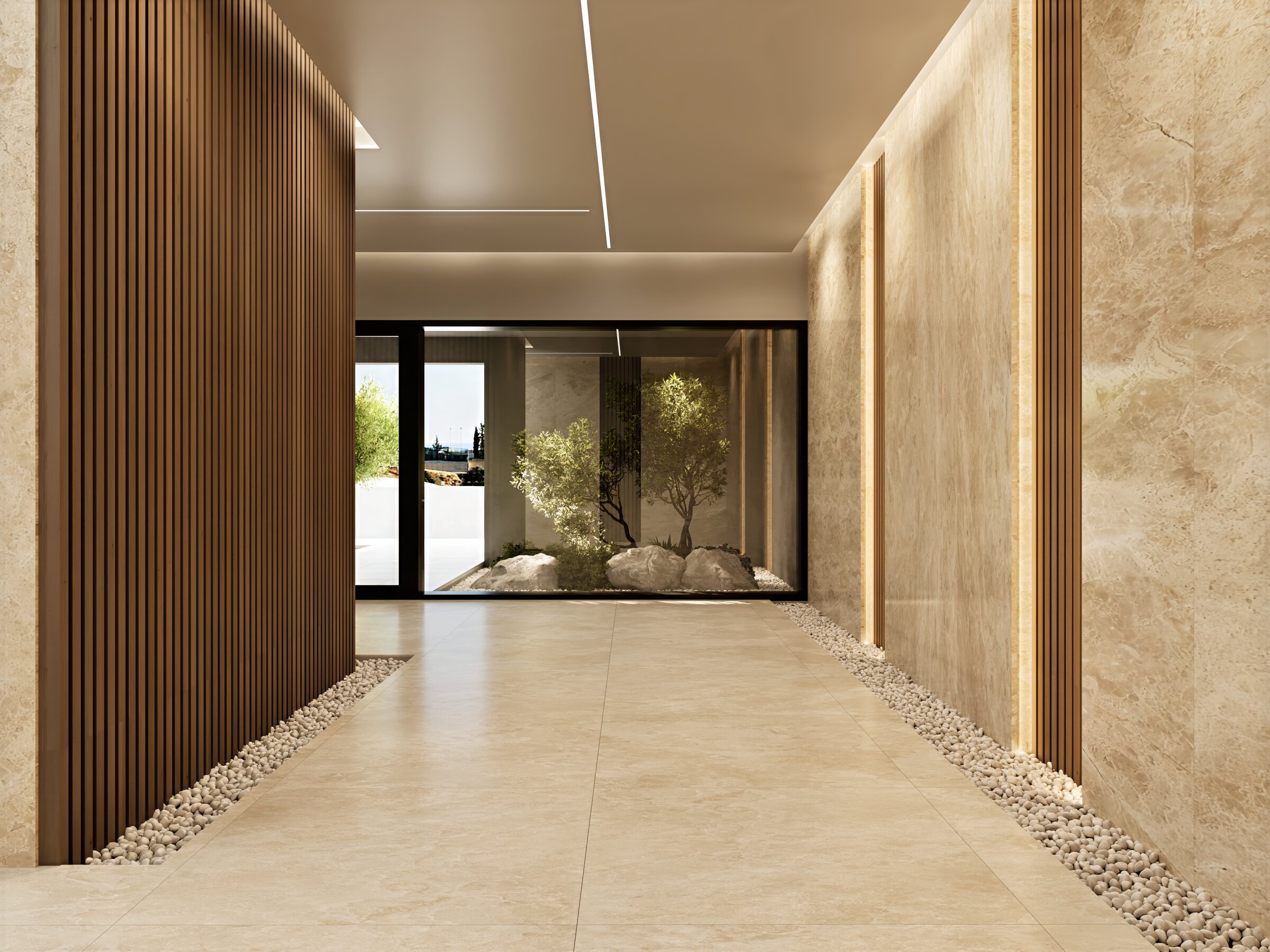 Residential lobby with refined materials and considered lighting.