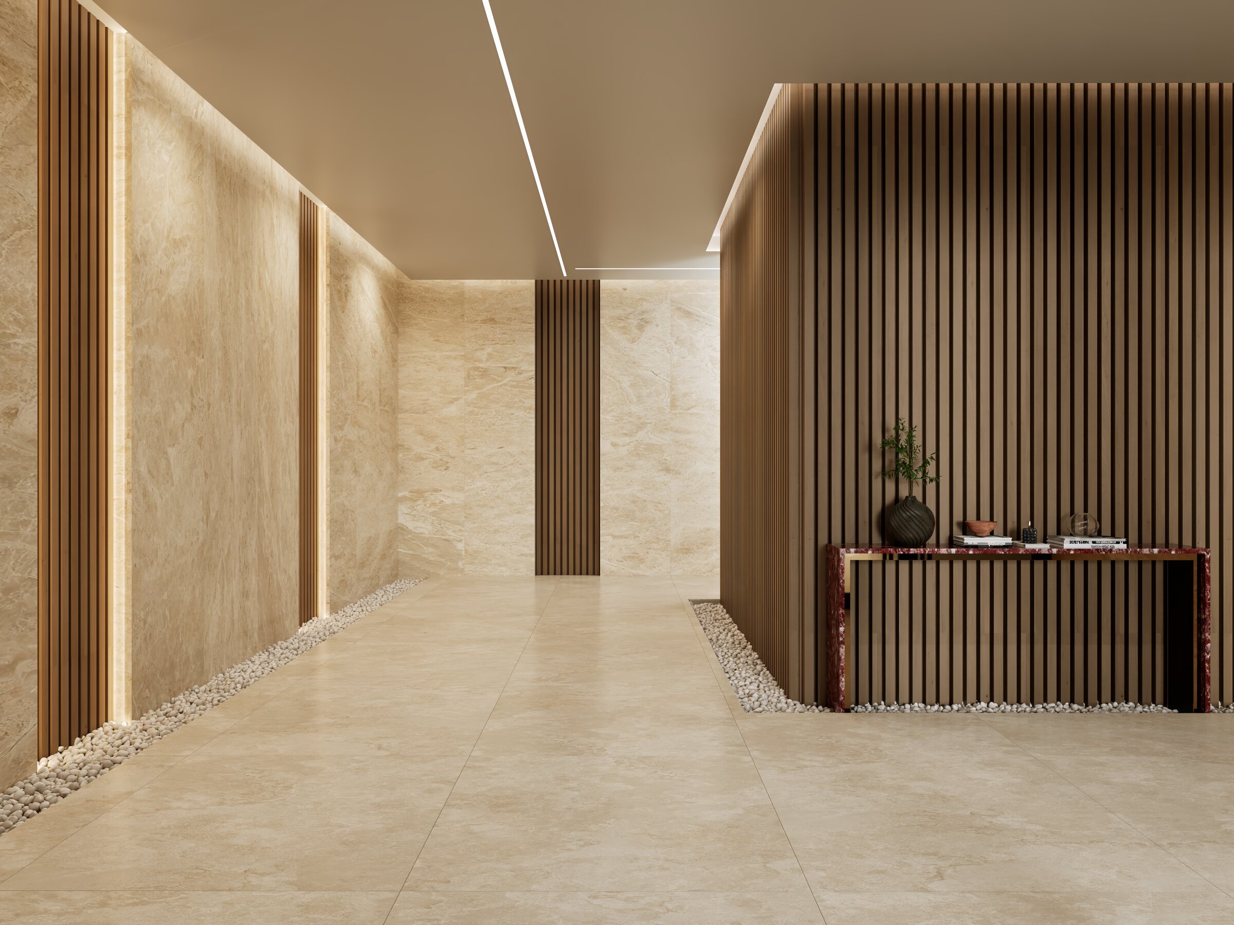 Entrance lobby detail with stone, timber and brushed-metal finishes.