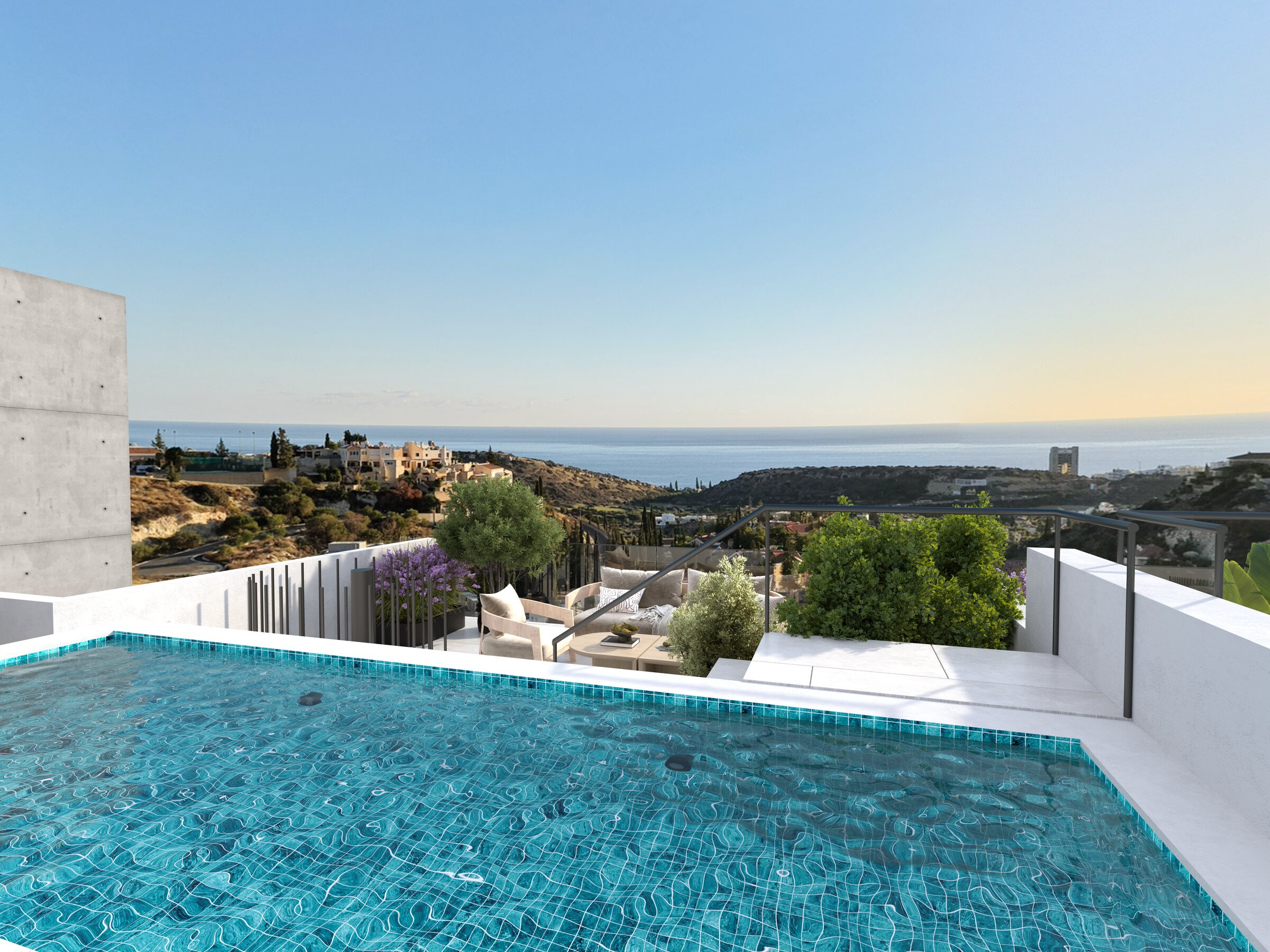 Penthouse roof terrace with a private pool overlooking the Limassol coast.